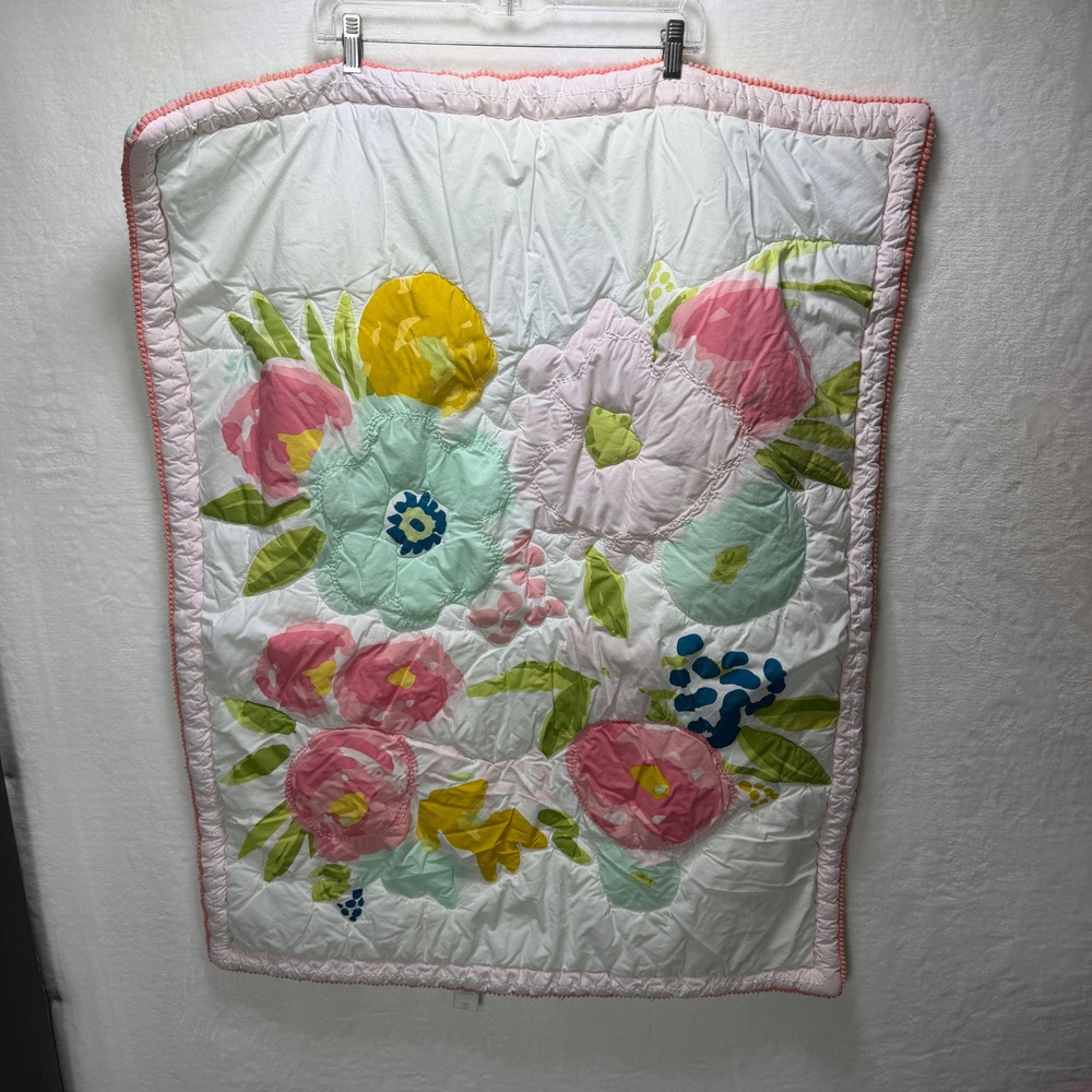 Cloud Island Target Baby Crib Quilt Mint Green Polka Dot Pink Pom Pom Trim 30x38